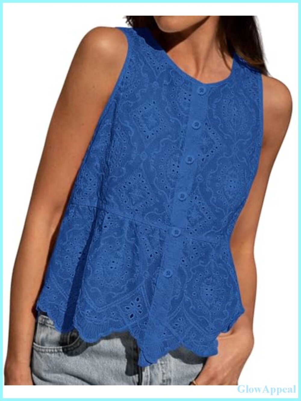Womens Embroidered Eyelet Peplum Tank Top Cotton Crew Neck Sleeveless Summer Top